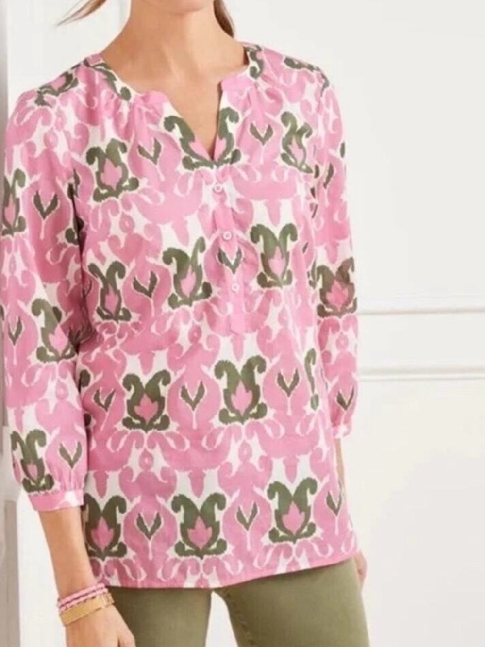 Talbots Pink Green Floral medallion Print 3/4 Sleeve lightweight Top Xl petite